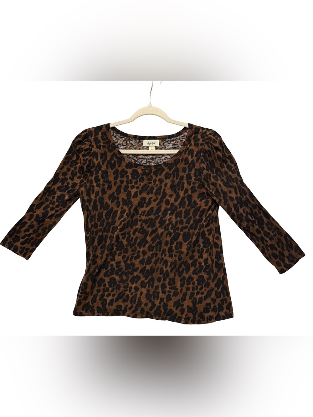 Style & Co. Brown and Black Leopard Print Long Sleeve Scoop Neck Top